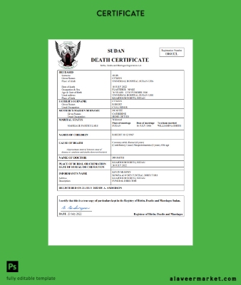Sudan vital record death Sertifika Word and PDF Şablon