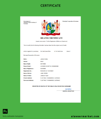 Suriname death Sertifika Word and PDF Şablon