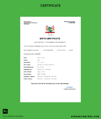 Suriname vital record birth Sertifika Word and PDF Şablon