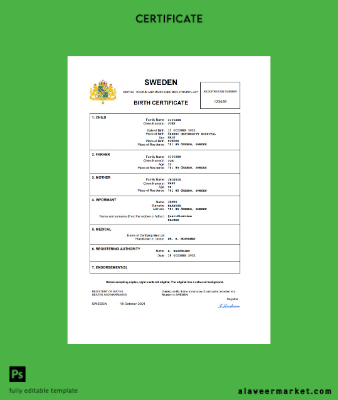 İsveç birth Sertifika Word and PDF Şablon completely Düzenlenebilir
