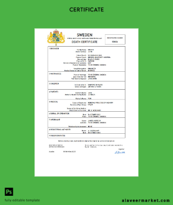 İsveç vital record death Sertifika Word and PDF Şablon