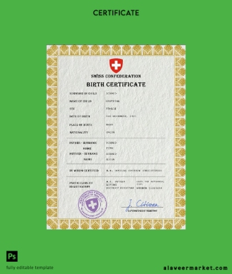 İsviçre vital record birth Sertifika PSD Şablon