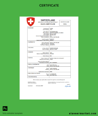 İsviçre vital record death Sertifika Word and PDF Şablon