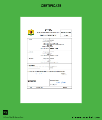 Suriye birth Sertifika Word and PDF Şablon