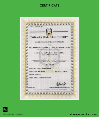 TANZANIA taxpayer Kimlik Kartı number (TIN) registration Sertifika
