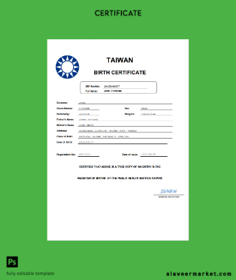 Tayvan birth Sertifika in Word and PDF format