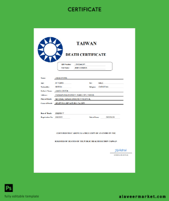 Tayvan death Sertifika Word and PDF Şablon