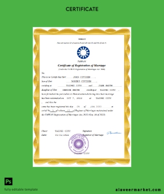 Tayvan marriage Sertifika Word and PDF Şablon