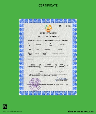 Tacikistan vital record birth Sertifika PSD Şablon