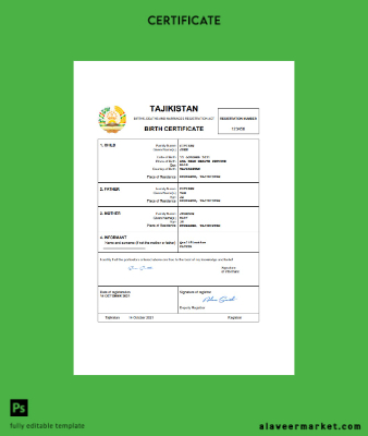 Tacikistan vital record birth Sertifika Word and PDF Şablon