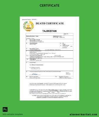 Tacikistan vital record death Sertifika Word and PDF Şablon