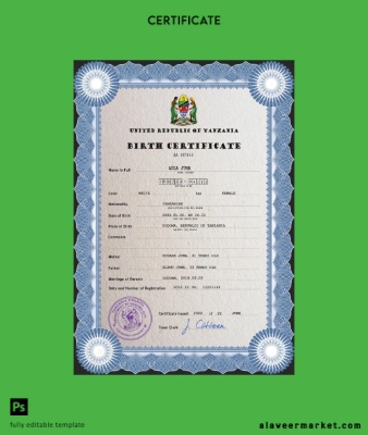 Tanzania birth Sertifika PSD Şablon