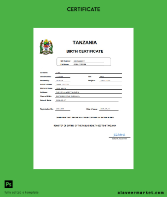 Tanzania birth Sertifika Word and PDF Şablon