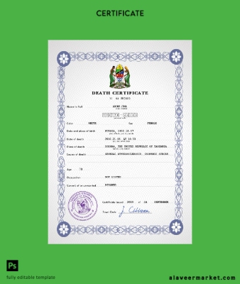 Tanzania vital record death Sertifika PSD Şablon