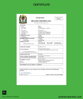 Tanzania vital record death Sertifika Word and PDF Şablon