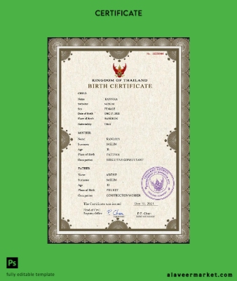 Tayland vital record birth Sertifika PSD Şablon