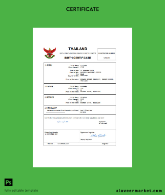 Tayland vital record birth Sertifika Word and PDF Şablon