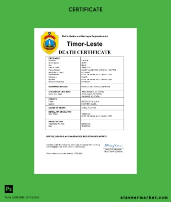 Timor-Leste vital record death Sertifika Word and PDF Şablon