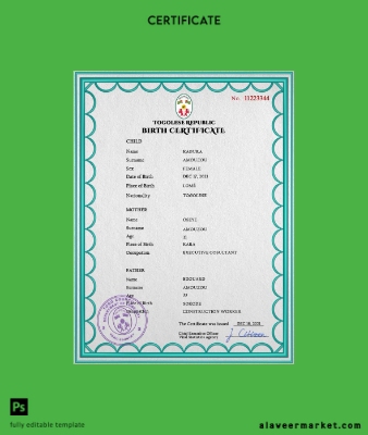 Togo birth Sertifika PSD Şablon