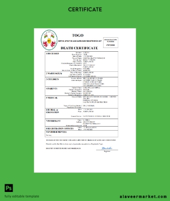 Togo vital record death Sertifika Word and PDF Şablon