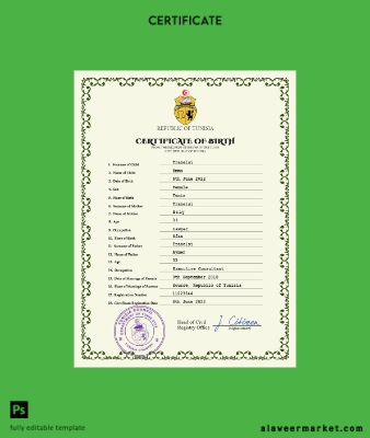Tunus vital record birth Sertifika PSD Şablon
