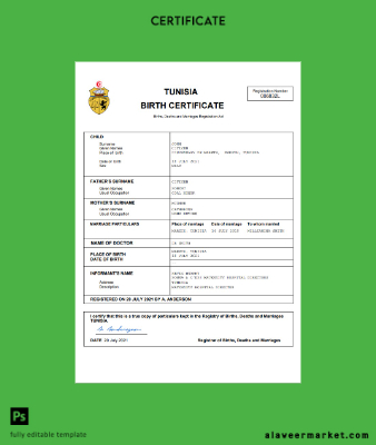 Tunus vital record birth Sertifika Word and PDF Şablon