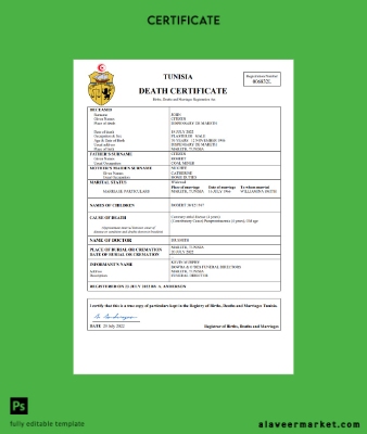 Tunus vital record death Sertifika Word and PDF Şablon