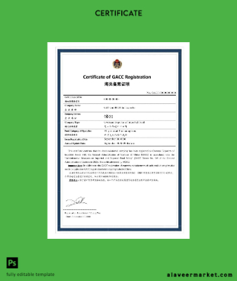 Türkiye Sertifika of GACC registration PSD Örnek