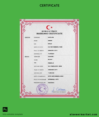 Türkiye marriage Sertifika PSD Şablon