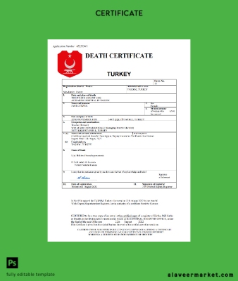 Türkiye vital record death Sertifika Word and PDF Şablon