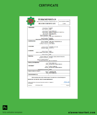Türkmenistan death Sertifika Word and PDF Şablon