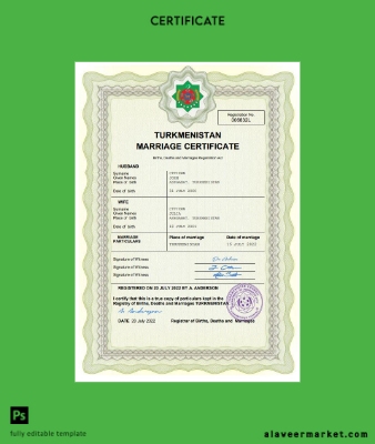 Türkmenistan marriage Sertifika Word and PDF Şablon