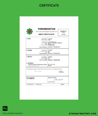 Türkmenistan vital record birth Sertifika Word and PDF Şablon