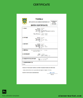 Tuvalu birth Sertifika Word and PDF Şablon