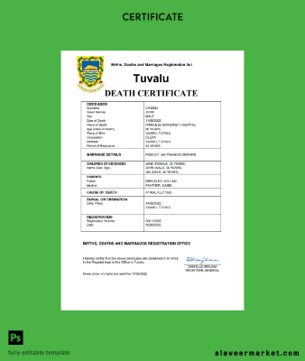 Tuvalu vital record death Sertifika Word and PDF Şablon