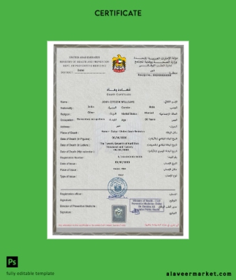 UAE death Sertifika PSD Şablon