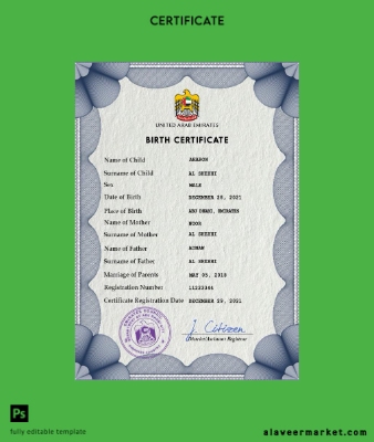 UAE vital record birth Sertifika PSD Şablon