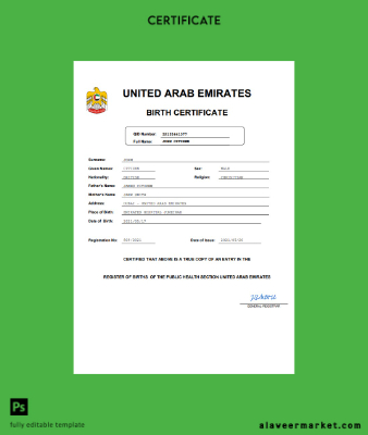 UAE vital record birth Sertifika Word and PDF Şablon