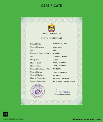 UAE vital record death Sertifika PSD Şablon