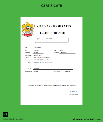 UAE vital record death Sertifika Word and PDF Şablon