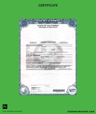 USA California Amendment to Birth Record 2 pages