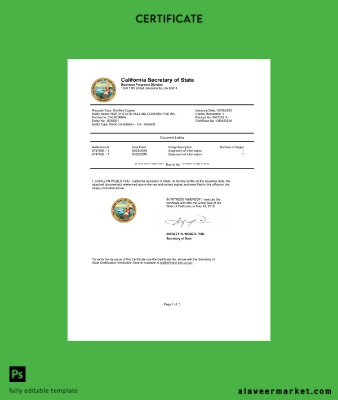 USA California State Document Autentication Sertifika Word and PDF Şablon