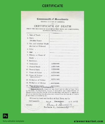 USA Commonwealth of Massachusetts Sertifika of death