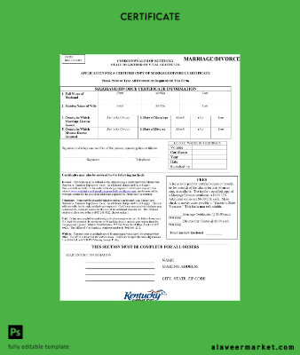 USA Commonwealth of State registrar of vital statistics of Kentucky divorce Sertifika