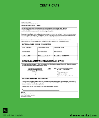 USA Department of costumer affairs of Sacramento name change Sertifika