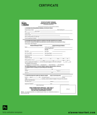 USA Register office of West Virginia adoption Sertifika