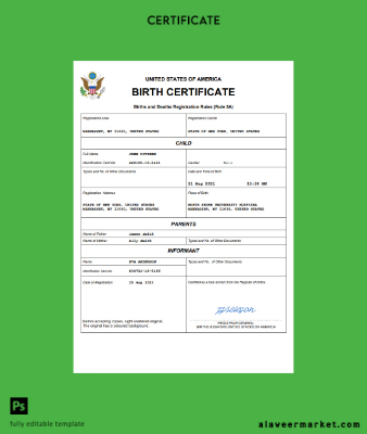 USA birth Sertifika Word and PDF Şablon