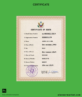 USA vital record death Sertifika PSD Şablon