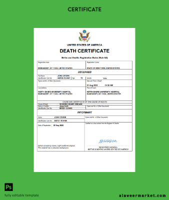 USA vital record death Sertifika Word and PDF Şablon