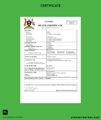 Uganda vital record death Sertifika Word and PDF Şablon